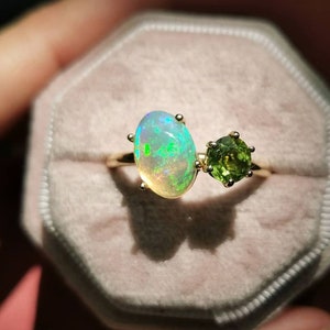 Opal and Peridot unique ring. 14k Gold opal ring. Christmas Gift. White gold Opal Peridot ring