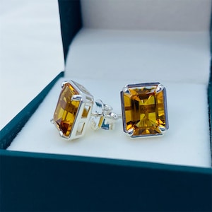 Citrine Solitaire Stud Earrings – November Birthstone – Yellow Gemstone Studs – Dainty Gold or Silver Jewelry – Gift for Her