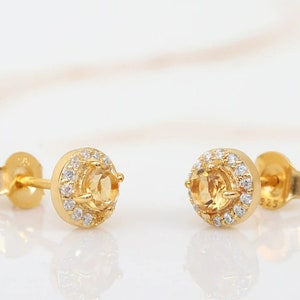 Citrine Round Halo Stud Earrings – November Birthstone – Yellow Gemstone Studs – Dainty Gold or Silver Jewelry – Gift for Her