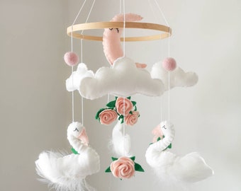 Swan nursery mobile with flowers, flower mobile, cloud mobile, swan decor, swan theme nursery, baby mobile uk, nursery mobiles girls