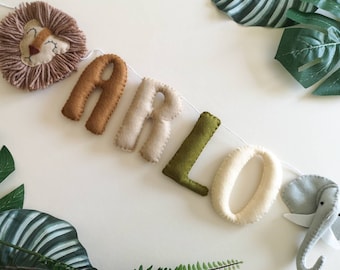 Felt safari name garland with custom animals and colours to choose from, letters 12.5cm