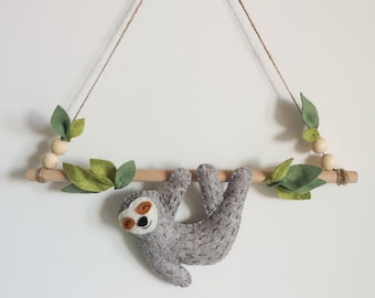 Felt sloth wall hanging, sloth hanging decor, sloth nursery ideas, safari theme bedroom decor, kids room decor, baby shower gift.