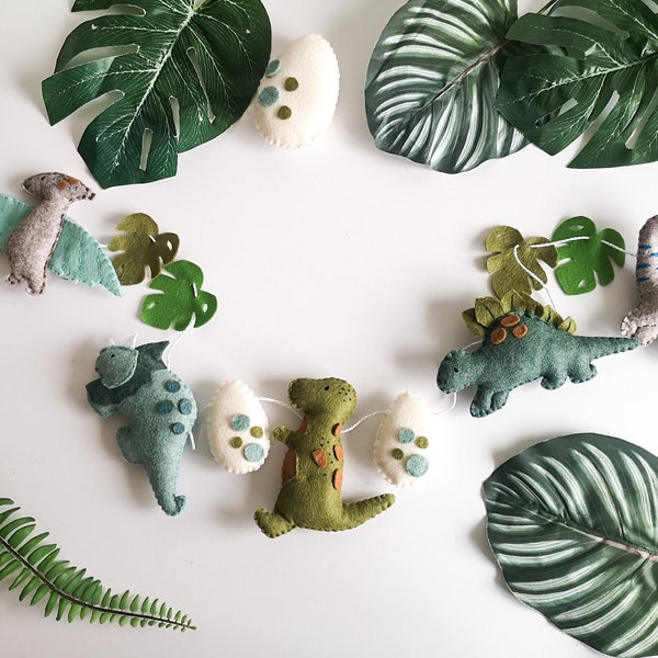 Felt dinosaur garland, dinosaur room decor, dinosaur themed bedroom, blue and green bedroom, dinosaur bunting, Dino wall decorations.