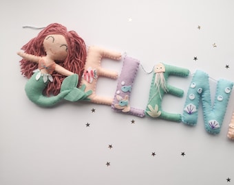 Felt mermaid name garland, under the sea decor, mermaid bunting for nursery, baby shower gift, girls birthday gift, ocean nursery.