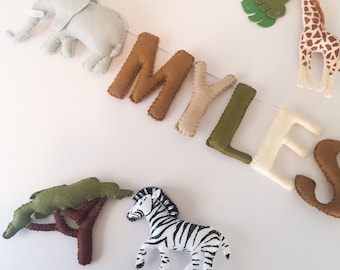 Handmade Felt Safari Garland, Jungle Nursery Decor, Lion, Giraffe, Zebra, Elephant, safari name banner.