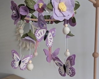 Butterfly and flower mobile, butterfly baby mobile, girls nursery decor, flower cot mobile, purple nursery decor. Butterfly theme nursery.