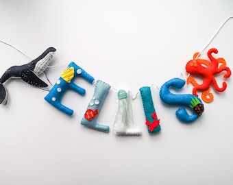 Ocean Nursery Name Garland, Felt Whale Decor, boys under the sea name banner.