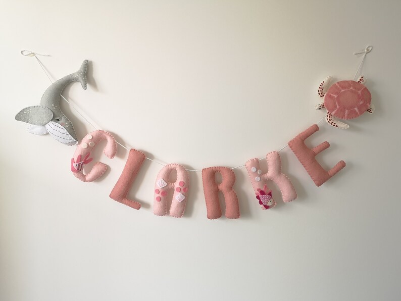 Girls ocean nursery decor, ocean name garland, pink under the sea decor, new baby gift, girls ocean theme bedroom. image 2