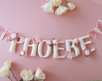 Butterfly name garland, baby shower gift, girls butterfly nursery, butterfly room decor, girls bedroom bunting, floral name bunting,