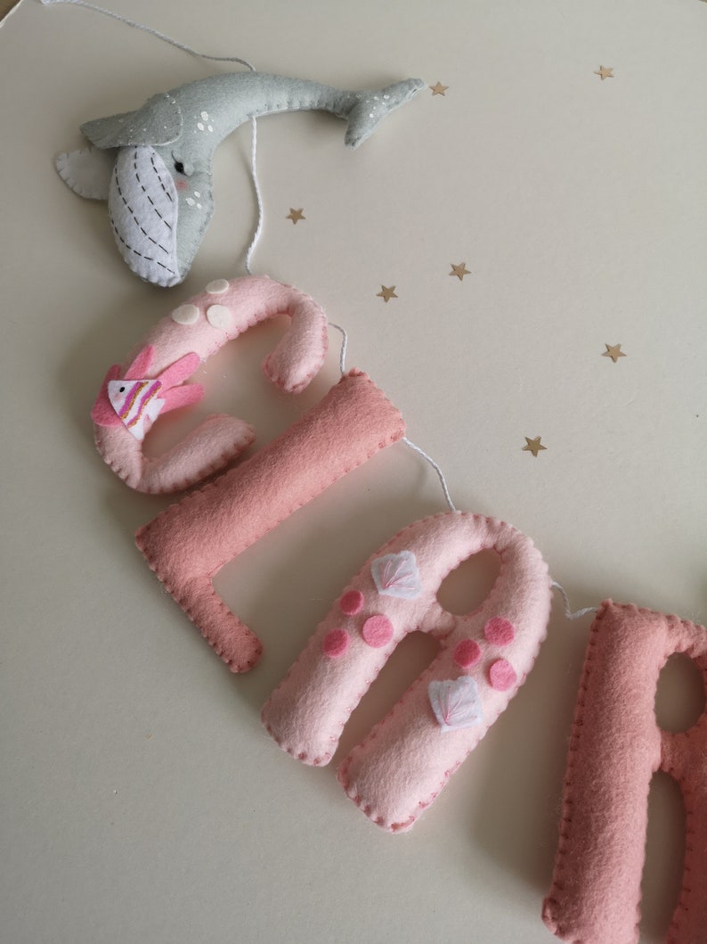 Girls ocean nursery decor, ocean name garland, pink under the sea decor, new baby gift, girls ocean theme bedroom. image 9