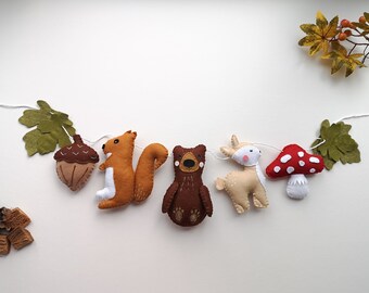Woodland animal garland, Forrest garland, fox nursery decor, woodland theme bedroom, bear kids decor, felt squirrel.