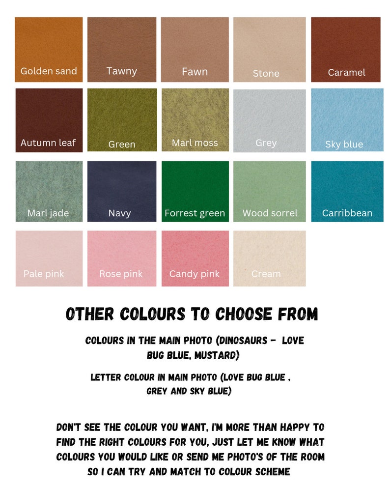 Pode incluir: Uma carta de cores com 16 amostras de cores diferentes. As cores s&atilde;o etiquetadas com nomes como "Golden sand", "Tawny", "Fawn", "Stone", "Caramel", "Autumn leaf", "Green", "Marl moss", "Grey", "Sky blue", "Marl jade", "Navy", "Forrest green", "Wood sorrel", "Carribbean", "Pale pink", "Rose pink", "Candy pink" e "Cream". A carta tamb&eacute;m inclui texto que diz "OTHER COLOURS TO CHOOSE FROM" e "COLOURS IN THE MAIN PHOTO (DINOSAURS - LOVE BUG BLUE, MUSTARD)".