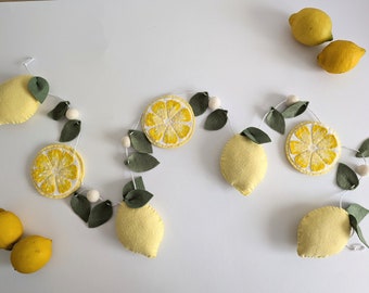 Felt lemon garland, summer decor for mantel, felt lemon decoration, kitchen garland, lemon bunting, summer decorations, lemon decor.