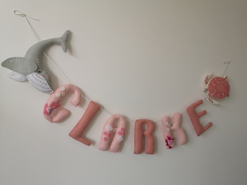 Girls ocean nursery decor, ocean name garland, pink under the sea decor, new baby gift, girls ocean theme bedroom. image 8