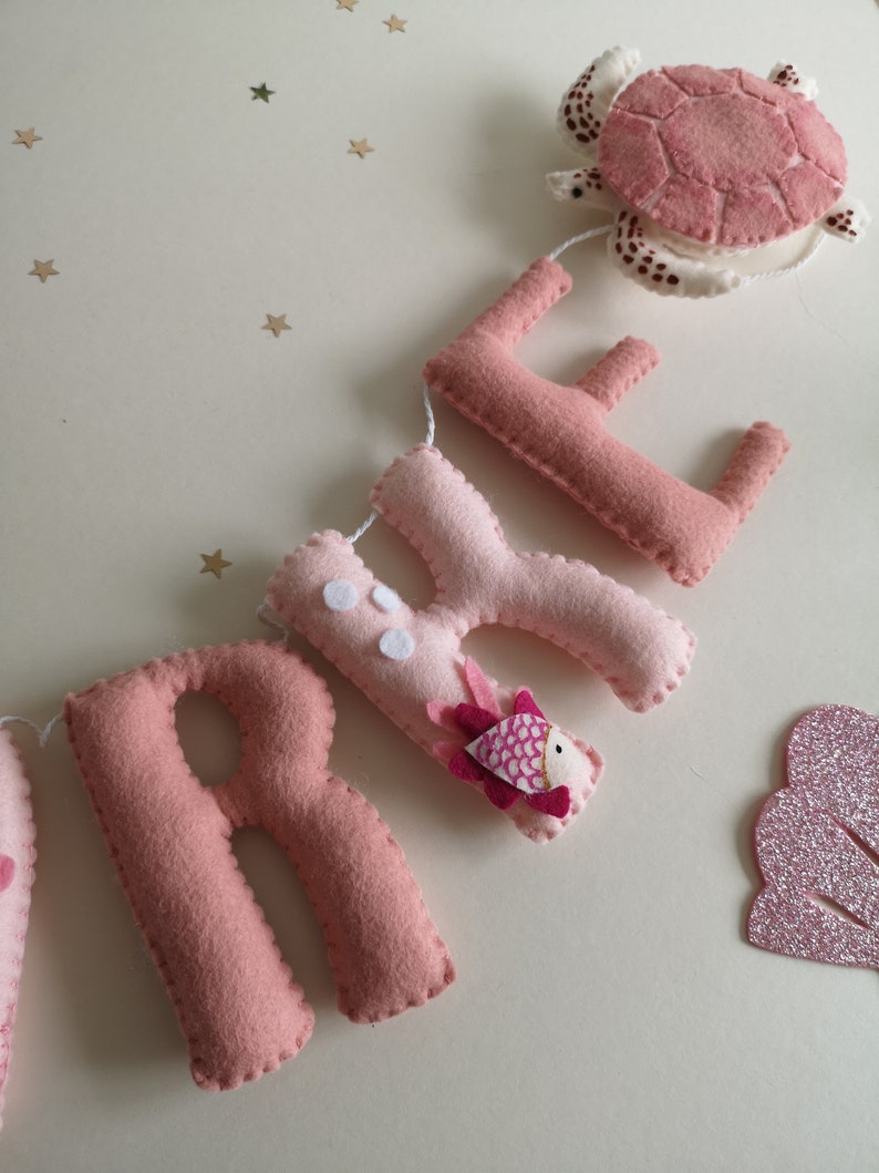 Girls ocean nursery decor, ocean name garland, pink under the sea decor, new baby gift, girls ocean theme bedroom. image 6