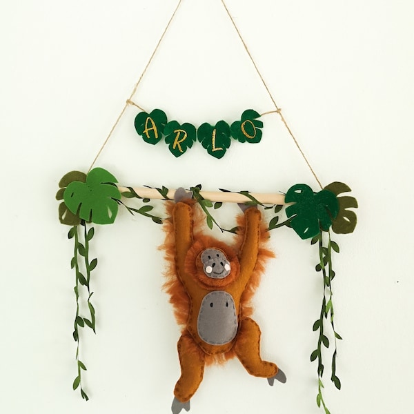 Orangutan nursery decor, monkey wall hanging, name door sign, jungle mobile, monkey mobile, baby shower gift, felt monkey, jungle theme room