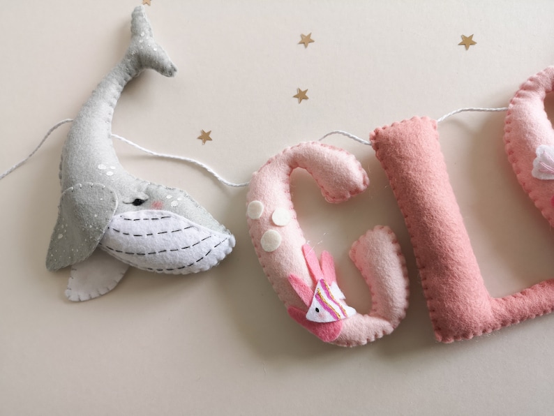 Girls ocean nursery decor, ocean name garland, pink under the sea decor, new baby gift, girls ocean theme bedroom. image 5