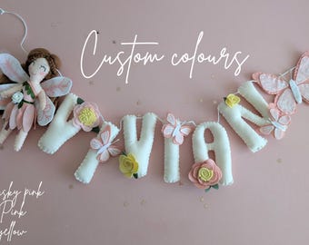 Fairy and butterfly name garland, fairy themed room, enchanted bedroom decor, girls fairy bunting, purple girls decor, felt fairy decoration