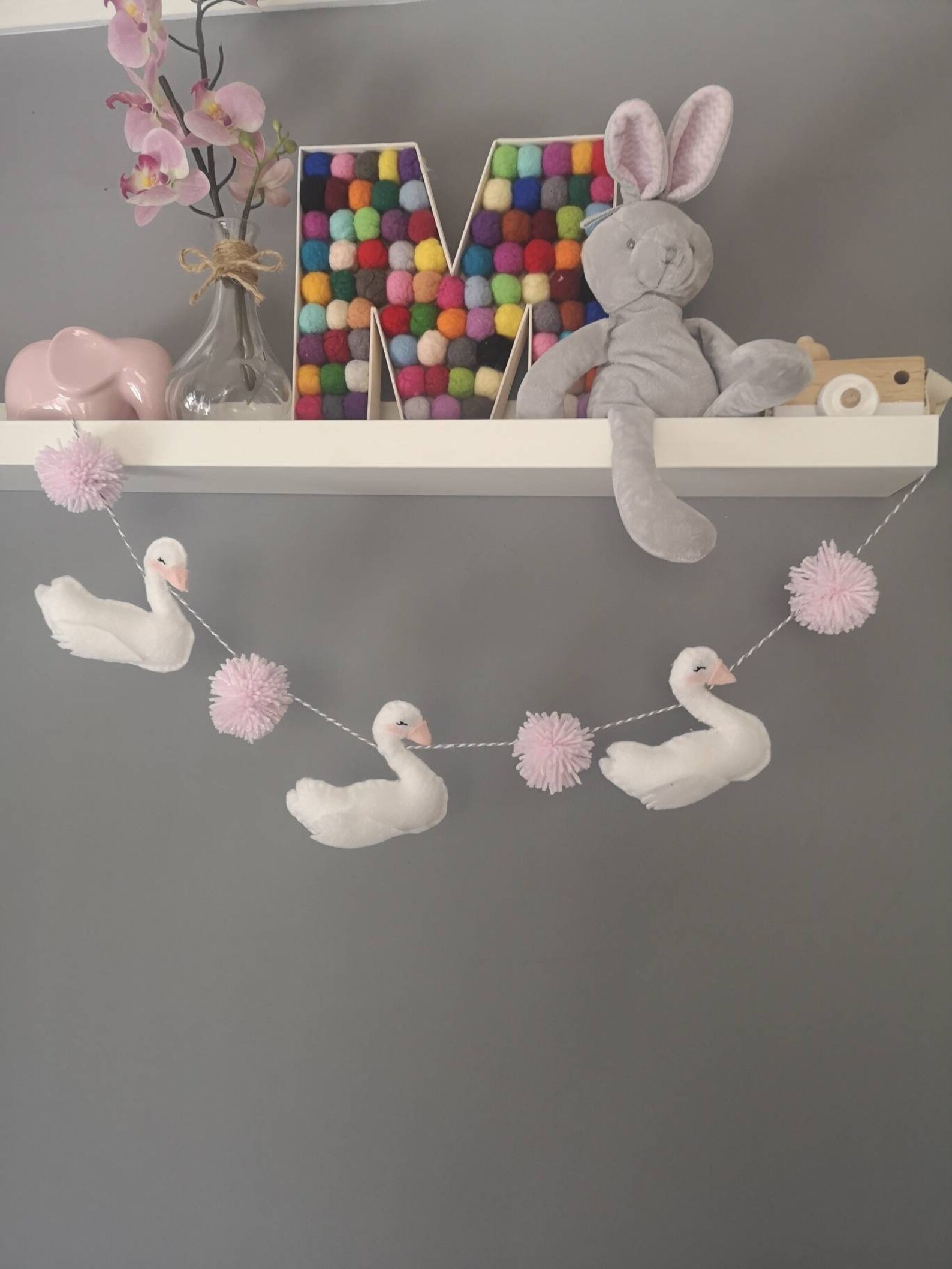 Swan & pom poms nursery garland decor swan theme decor Etsy