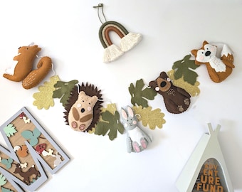 Woodland animal garland, Forrest garland, fox nursery decor, woodland theme bedroom, bear kids decor, felt squirrel.