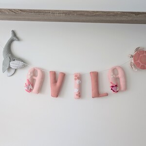 Girls ocean nursery decor, ocean name garland, pink under the sea decor, new baby gift, girls ocean theme bedroom. image 10