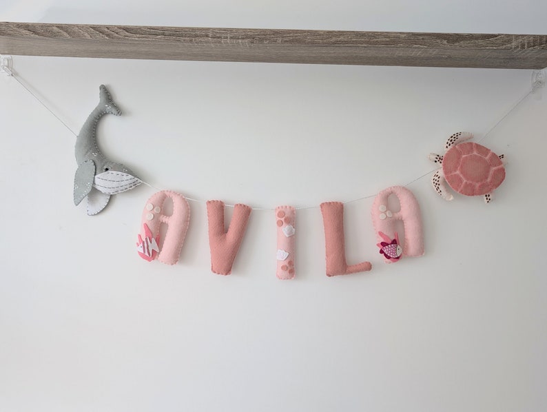Girls ocean nursery decor, ocean name garland, pink under the sea decor, new baby gift, girls ocean theme bedroom. image 10