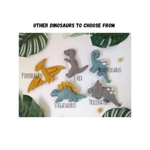 Pode incluir: Brinquedos de dinossauro de feltro em v&aacute;rias cores, incluindo cinza, azul e amarelo. Os dinossauros est&atilde;o dispostos em um fundo verde frondoso. Os nomes dos dinossauros est&atilde;o escritos abaixo de cada brinquedo: Pterod&aacute;ctilo, T-Rex, Braquiossauro, Estegossauro e Tricer&aacute;tops.