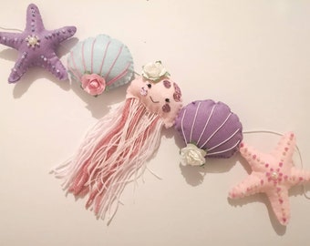 Under the sea garland, jellyfish garland, starfish garland, girl wall decor, ocean nursery decor, jellyfish bunting, sea creature decor.