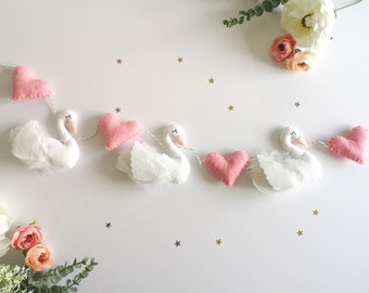 Swan nursery decor/accessories. Swan girls nursery garland, girls room accessories,  baby shower gift, swan heart garland, felt swan.