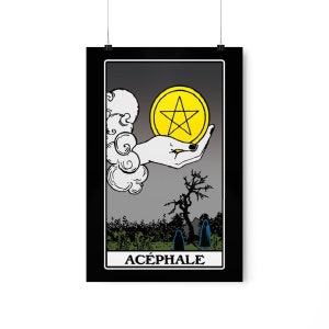 May include: A black and white tarot card with a yellow pentagram in a circle. The card is titled "Acephale" and features a hand holding the pentagram.