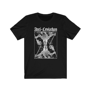 May include: Black t-shirt with a white graphic print of a creature with two heads and the text "Anti-Leviathan".