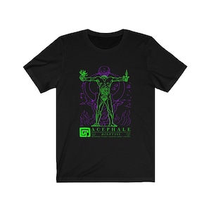 May include: Black t-shirt with a green and purple graphic of a headless human figure with the text "ACEPHALE DIONYSOS" below.