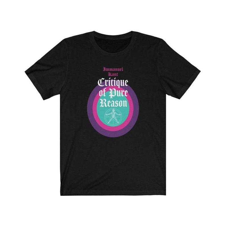May include: Black t-shirt with a graphic design featuring a circle with concentric rings in pink, purple, and teal. The text "Immanuel Kant" and "Critique of Pure Reason" is printed in white gothic font.