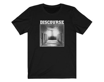May include: Black t-shirt with a white graphic of a hallway with doors and the word "DISCOURSE" above it.