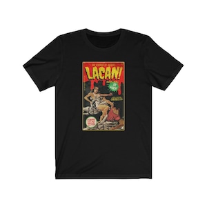Könnte beinhalten: Ein schwarzes T-Shirt mit einem Vintage-Comic-Cover-Design mit dem Text "The Seminar of Jacques Lacan! Book Six: Or Worse...  The Object a"