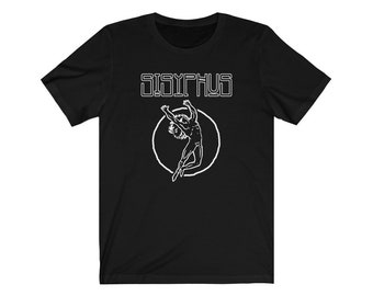 May include: Black t-shirt with the word "SISYPHUS" in a white, blocky font above a white circular graphic. The graphic depicts a figure in motion inside a white circle. The t-shirt is made of a soft material.