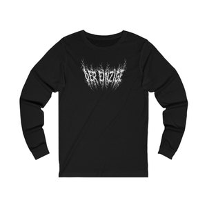 May include: Black long-sleeve shirt with a white graphic of the text "DER DICHTET" in a stylized metal font.