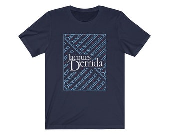 May include: A navy blue t-shirt with a white square graphic featuring the name "Jacques Derrida" in a blue font. The graphic is surrounded by a pattern of the word "Dissemination" in a smaller blue font.