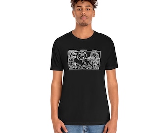 May include: A black t-shirt with a white graphic print of a stylized illustration of three trees. The trees are labeled "TENTACULAR LIFE", "INFERIOR LIFE", and "HUMAN LIFE".