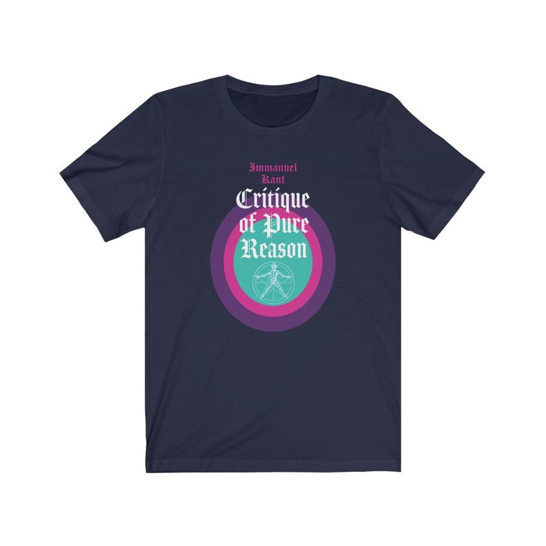 May include: Navy blue t-shirt with a graphic of a circle with concentric rings in pink, purple, and teal. The text "Immanuel Kant Critique of Pure Reason" is printed in white on the circle.