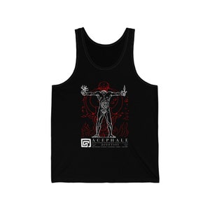 May include: Black tank top with a white illustration of a headless figure with a dagger and a flaming heart. The text "ACEPHALE" and "DIONYSOS" is printed in red below the figure.