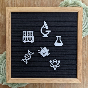 May include: A black felt letter board with white felt letters spelling out science-themed words. The letters spell out "test tubes", "microscope", "DNA", "atom", "bacteria", and "flask".