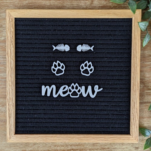 Cat Letter Board Icons: Paw Prints, Fish Bones, Meow