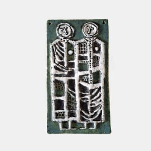 Large Studio Pottery Art Tile, Vintage Handmade Ceramic Wall Plaque, Mid Century Troika Style, Naive Folk, Abstract People, Signed, 18x34cm