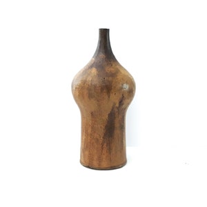 May include: A brown ceramic vase with a rounded body and a narrow neck. The vase has a rustic, textured finish.