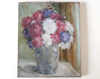 Original French impressionist painting, Louise Alix, vintage floral still life, oil on canvas, flowers in vase, distressed, shabby, 18x15"