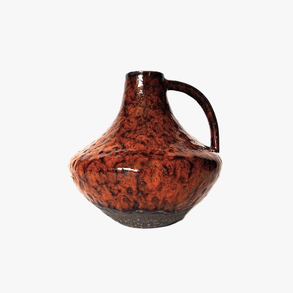Carstens orange brown pottery vase, West German ceramic, mid century vintage, bulbous UFO shape with handle, modernist vessel, fat lava, 8"