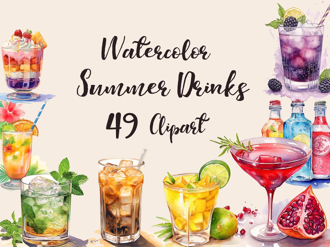Summer Drinks Watercolor Clipart, Watercolor Cocktail Clipart, Drink ...