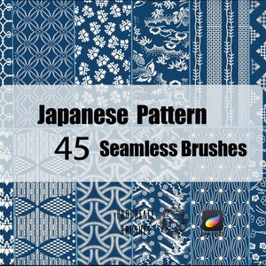 Peut inclure: Un ensemble de 45 brosses à motifs japonais sans couture en bleu et blanc. Les brosses sont disposées en grille et présentent une variété de motifs japonais traditionnels.