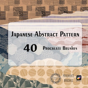 May include: A digital illustration of 40 Japanese abstract pattern Procreate brushes. The image features a variety of geometric shapes, lines, and textures in a muted color palette.